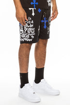 Bejewelled Chrome Skull Shorts with Elastic Waist