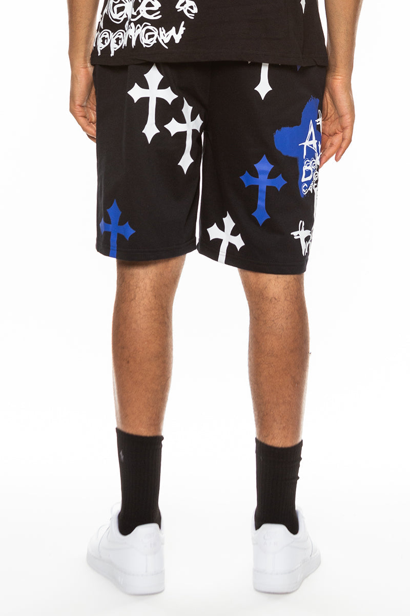 Bejewelled Chrome Skull Shorts with Elastic Waist