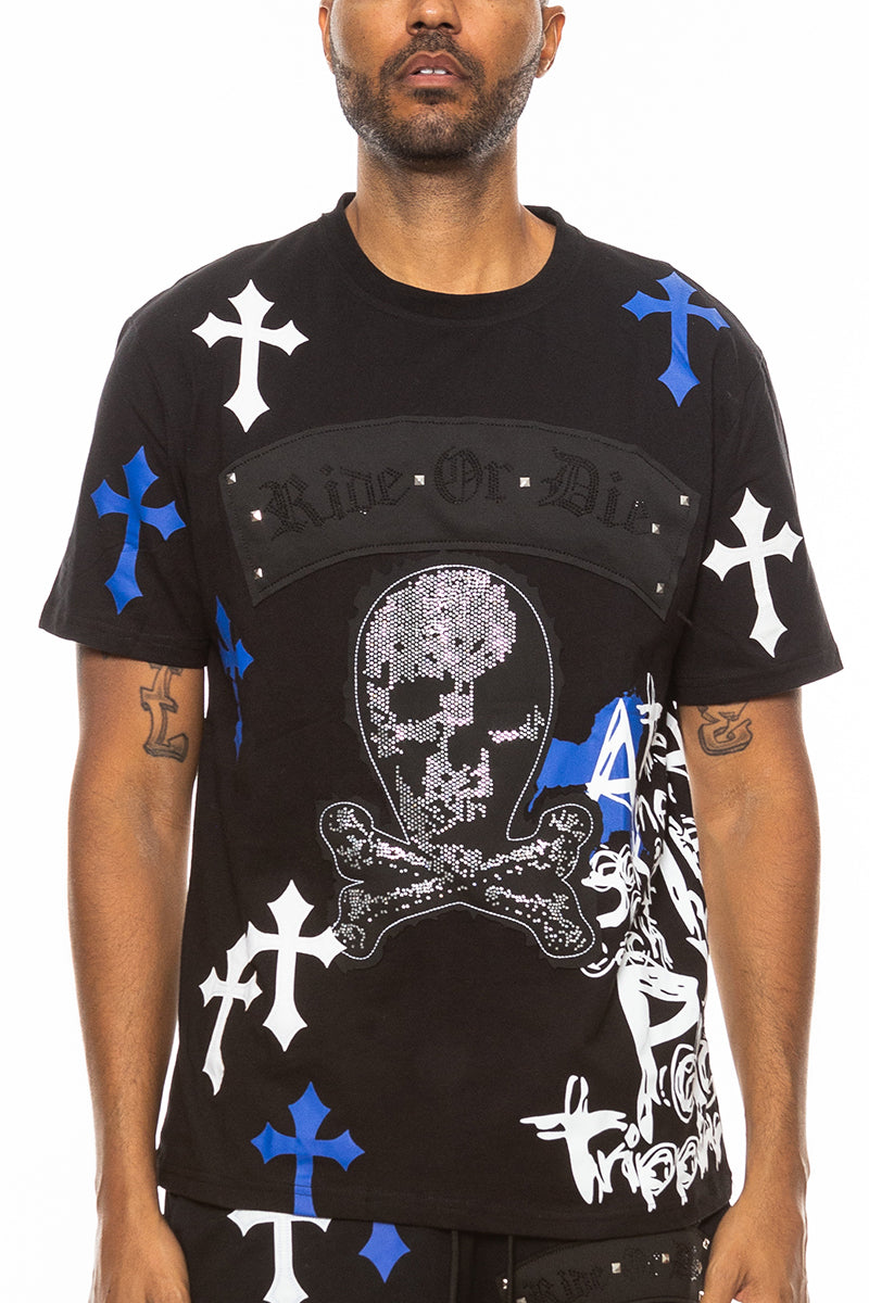 Bejewelled Chrome Skull Graphic T-Shirt