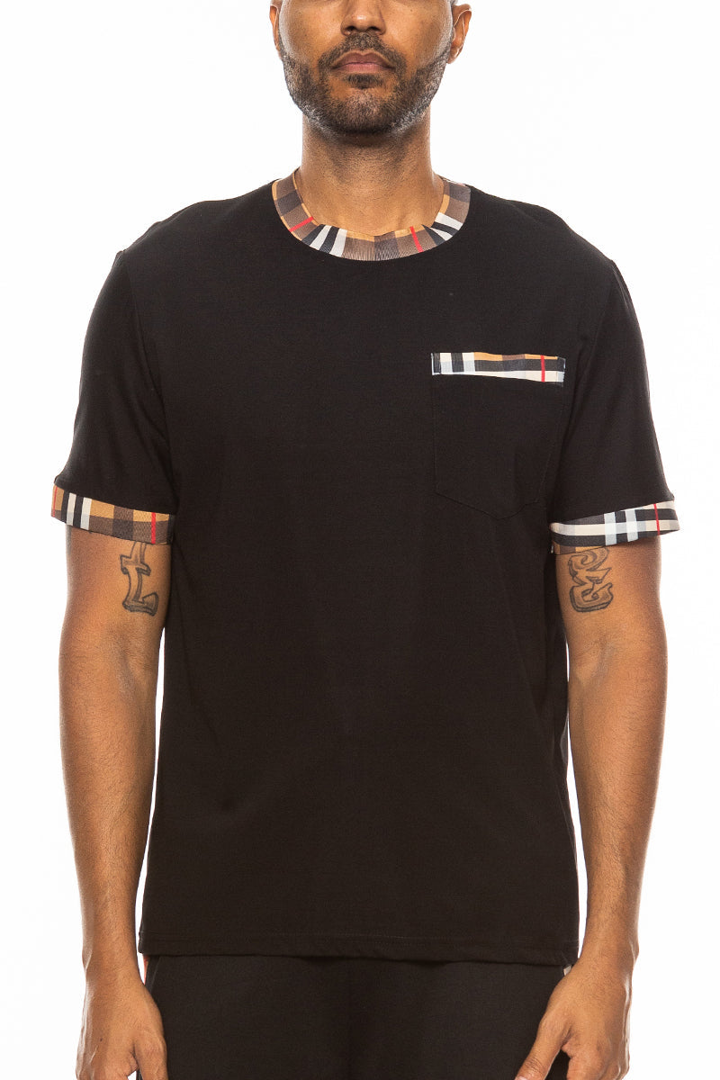 Checkered Detail T-Shirt with Plaid Collar & Pocket