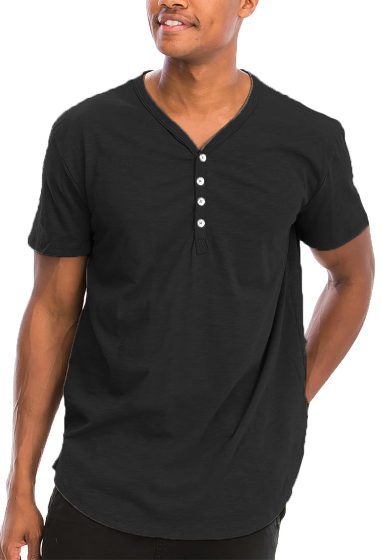 Men's Scallop Henley Tee – Soft Cotton, 4-Button