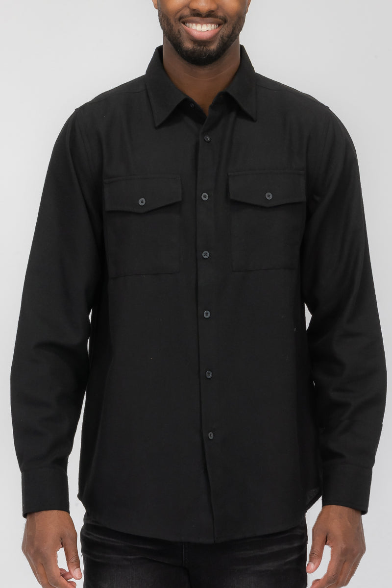 Solid Flannel Long Sleeve Shirt with Chest Pockets