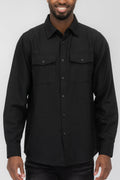 Solid Flannel Long Sleeve Shirt with Chest Pockets