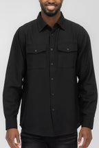 Solid Flannel Long Sleeve Shirt with Chest Pockets