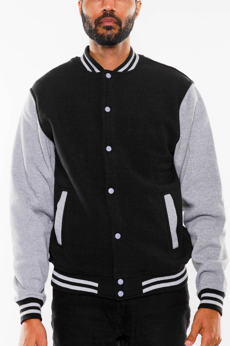 Fleece Varsity Jacket – Snap Button, Ribbed Trim