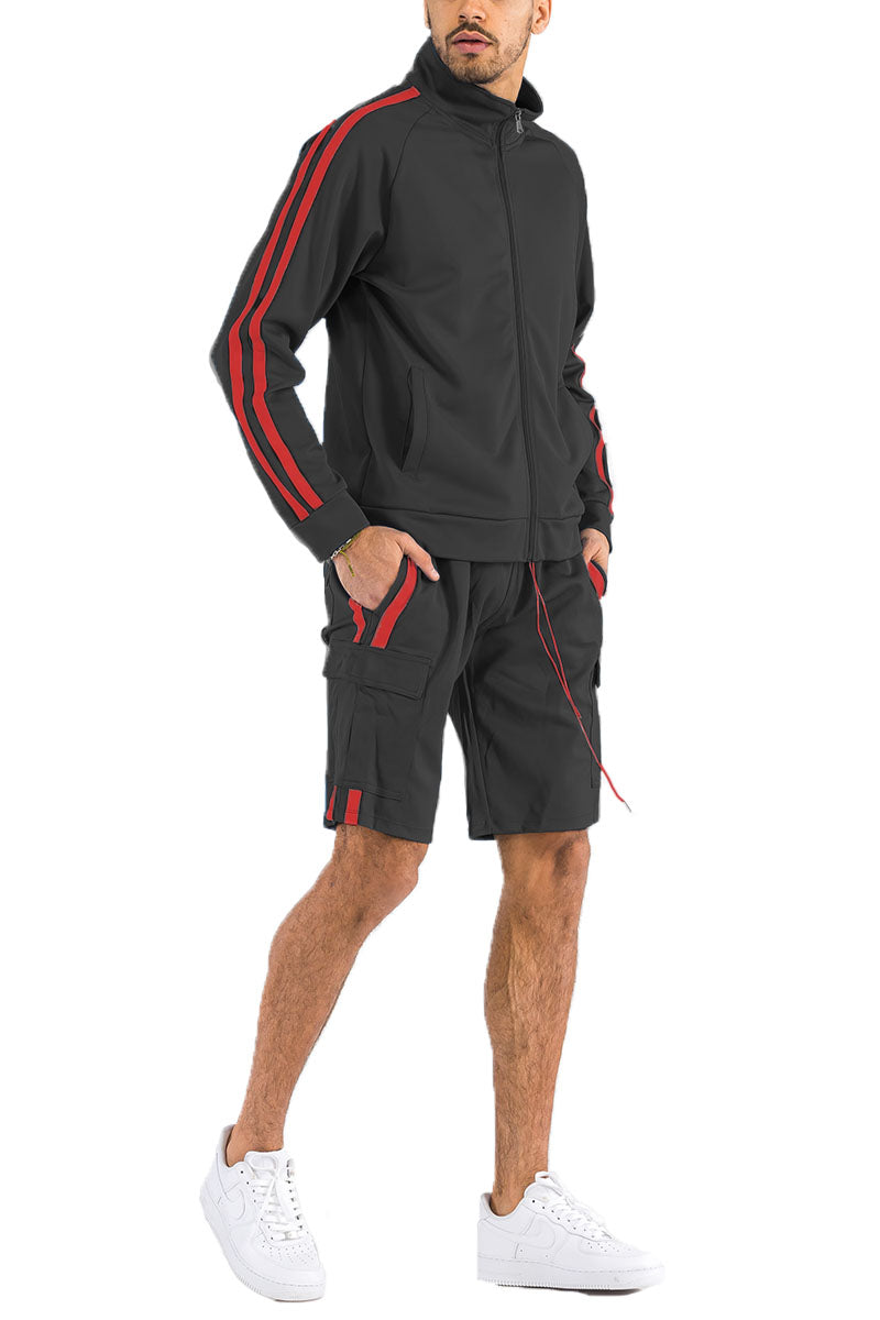 Two Stripe Cargo Short Set with Full Zip Jacket