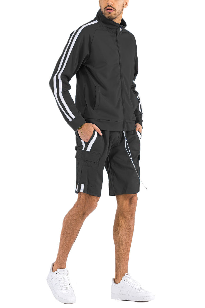 Two Stripe Cargo Short Set with Full Zip Jacket