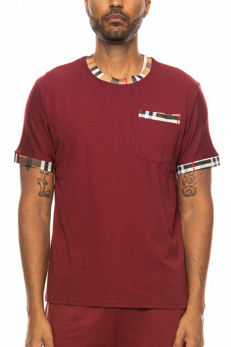 Checkered Detail T-Shirt with Plaid Collar & Pocket