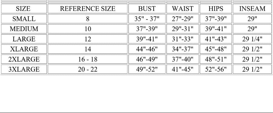 Byrka sizing chart for clothing with size reference, bust, waist, hips, and inseam measurements.