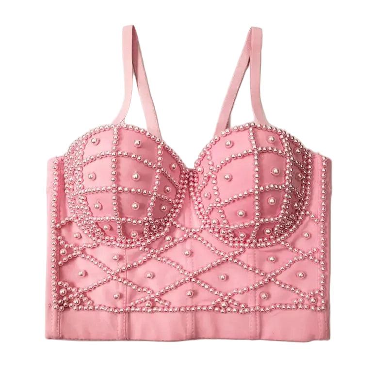 Pink bralette with pearl embellishments on a white background