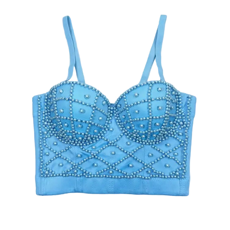 Blue embroidered bralette on a white background