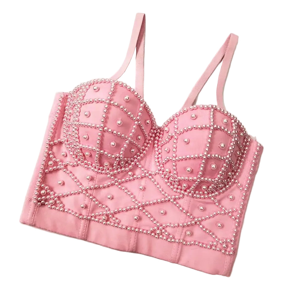 Pink beaded top on a white background