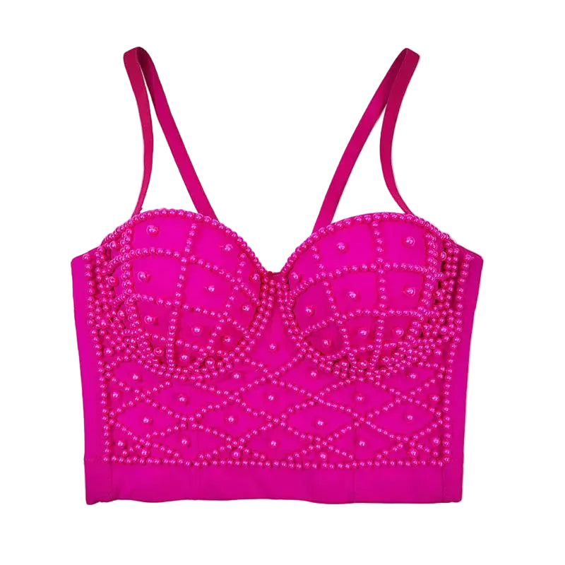 Pink bralette with bead detailing on a white background