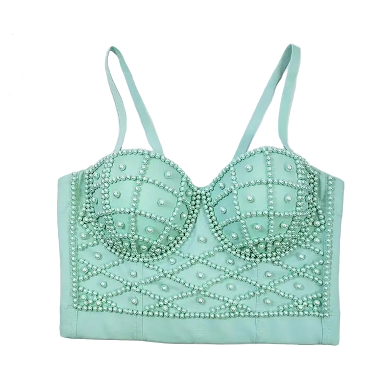 Mint green beaded top on a white background