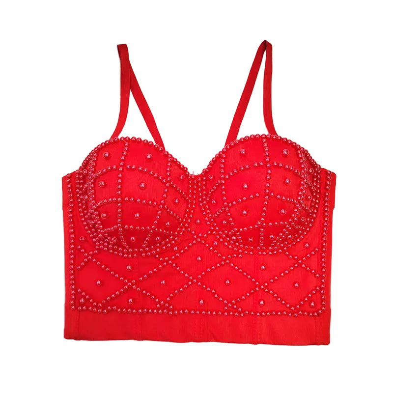 Red embroidered bralette on a white background
