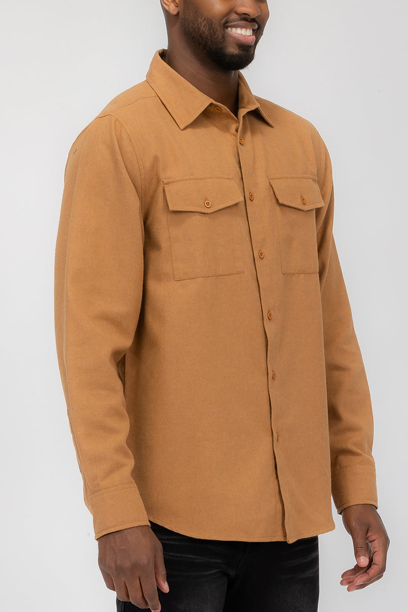 Solid Flannel Long Sleeve Shirt with Chest Pockets