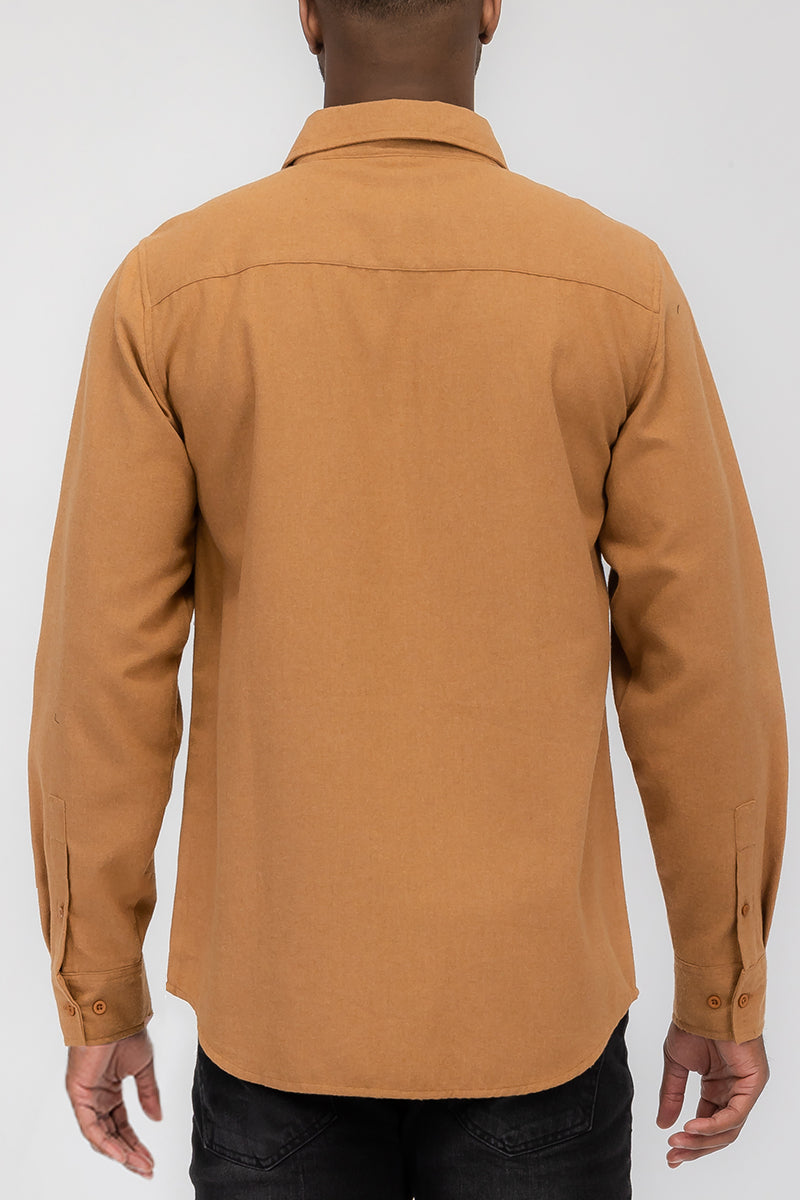 Solid Flannel Long Sleeve Shirt with Chest Pockets