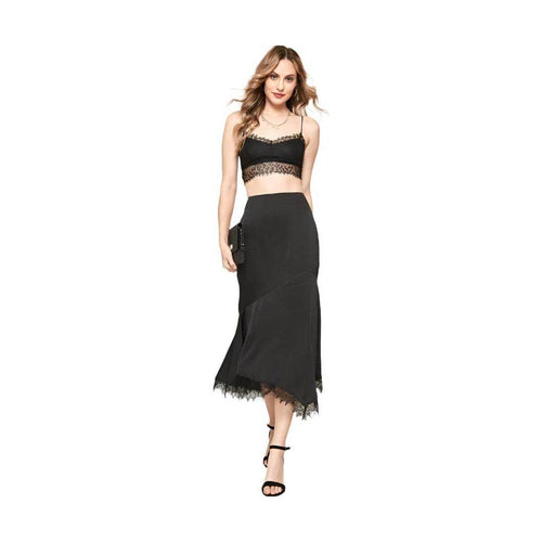 Black Lace Solid Woven Midi Skirt - VacationGrabs