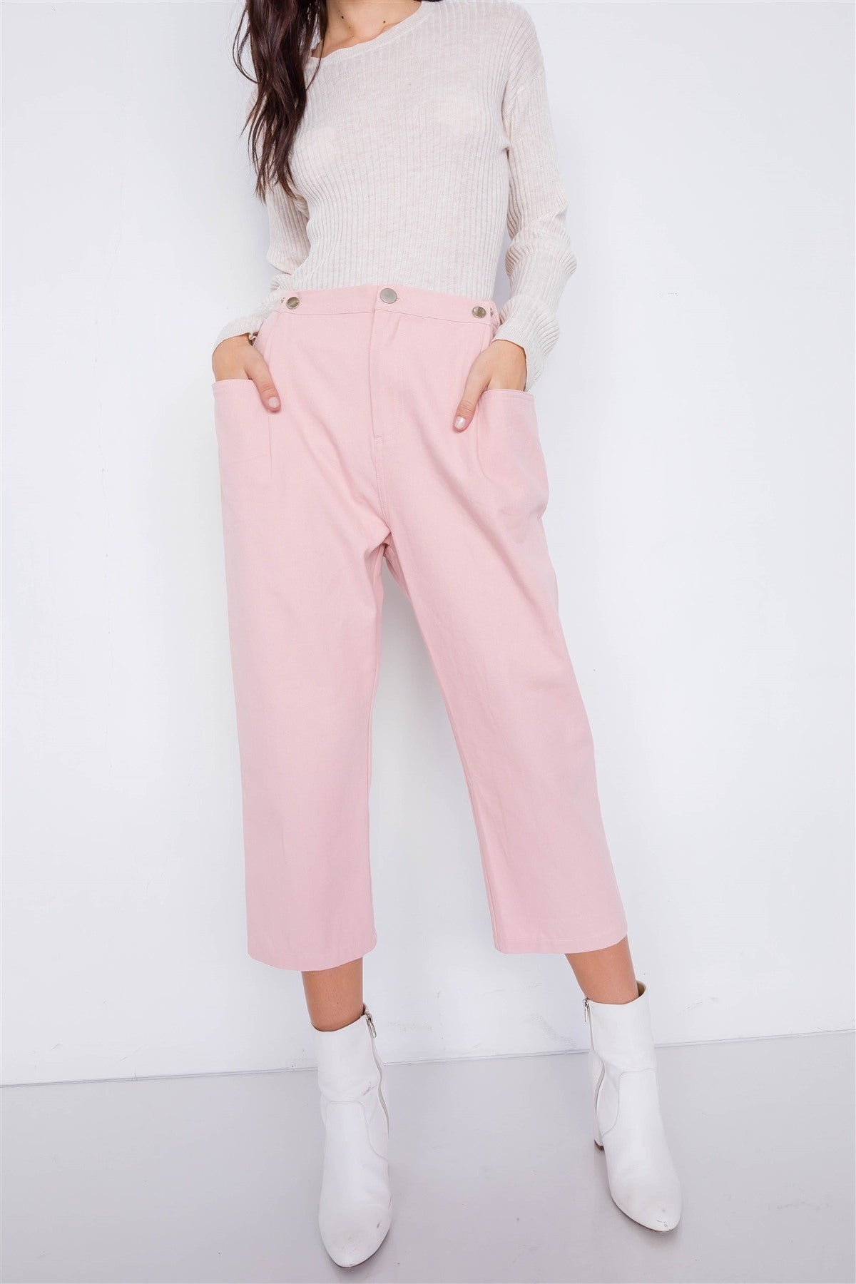 Women's PantsPastel Chic Solid Ankle Wide Leg Adjustable Snap Waist Pants - VacationGrabs