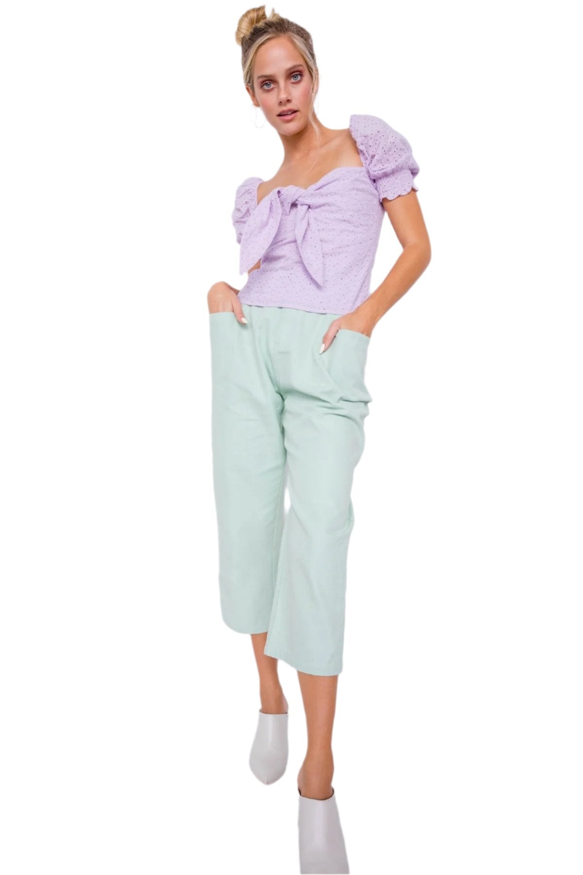 Women's PantsPastel Chic Solid Ankle Wide Leg Adjustable Snap Waist Pants - VacationGrabs