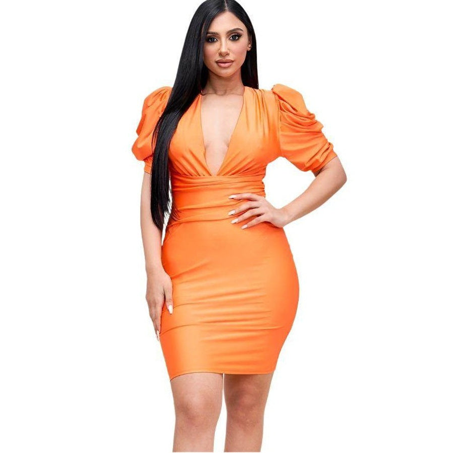 Solid Short Puff Sleeve Dress With Plunged V Neck Line - VacationGrabs