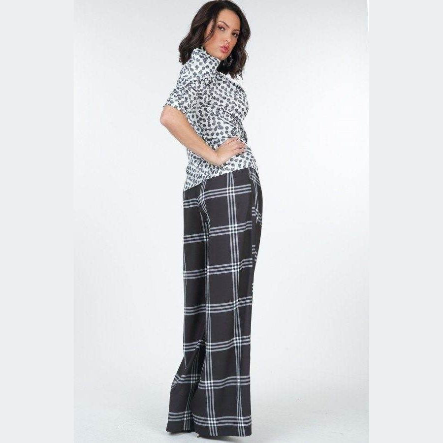 High Waist Plaid Print Wide Leg Pants - VacationGrabs