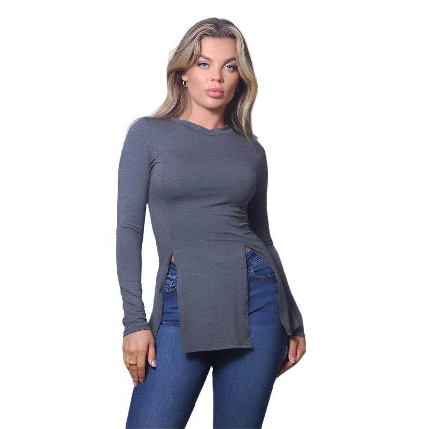 Sleek & Chic Fall Long Sleeve Slitted Top - VacationGrabs