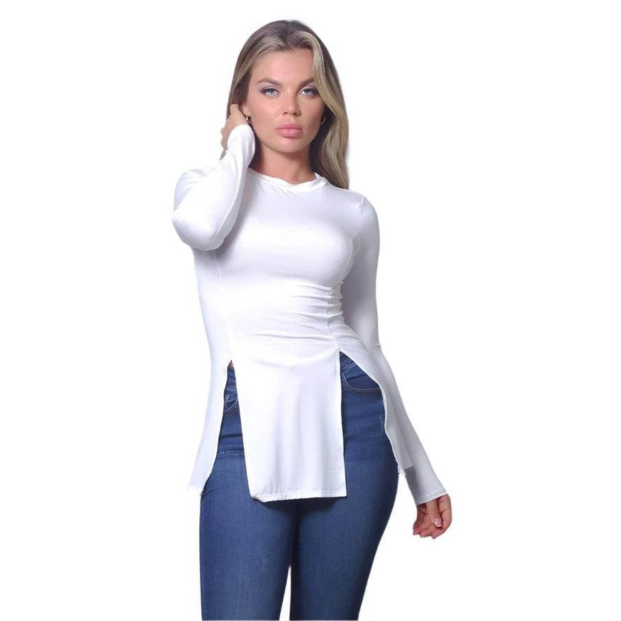 Sleek & Chic Fall Long Sleeve Slitted Top - VacationGrabs