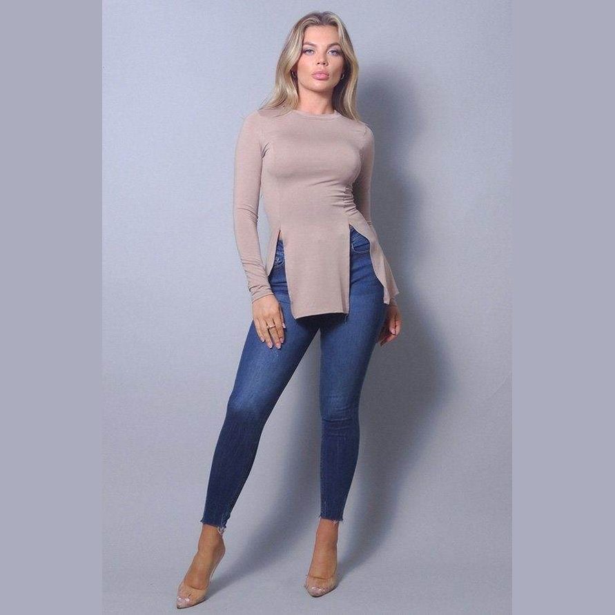 Sleek & Chic Fall Long Sleeve Slitted Top - VacationGrabs