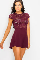 Burgundy sheer lace combo romper from VacationGrabs with short sleeves and a flared skirt
