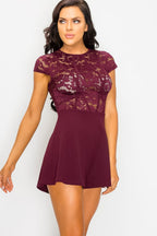 Burgundy sheer lace combo romper from VacationGrabs with short sleeves and a flared skirt