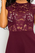Burgundy sheer lace combo romper from VacationGrabs with elegant lace detailing and a fitted bodice