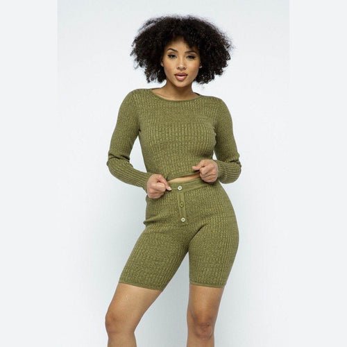 Knit LS Cropped Top Biker Shorts Set - VacationGrabs