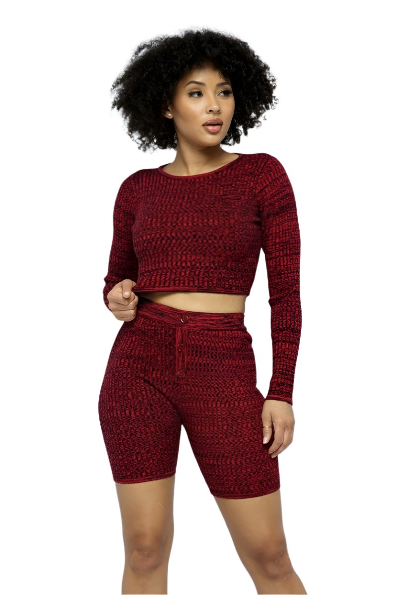 Women's ActivewearKnit Long Sleeve Cropped Top Knit High-waist Biker Shorts Set - VacationGrabs