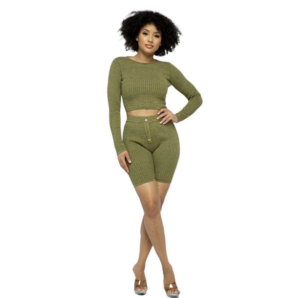 Knit LS Cropped Top Biker Shorts Set - VacationGrabs