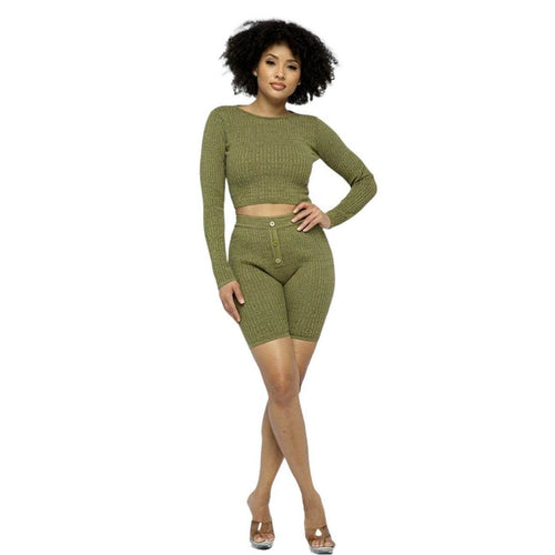 Knit LS Cropped Top Biker Shorts Set - VacationGrabs