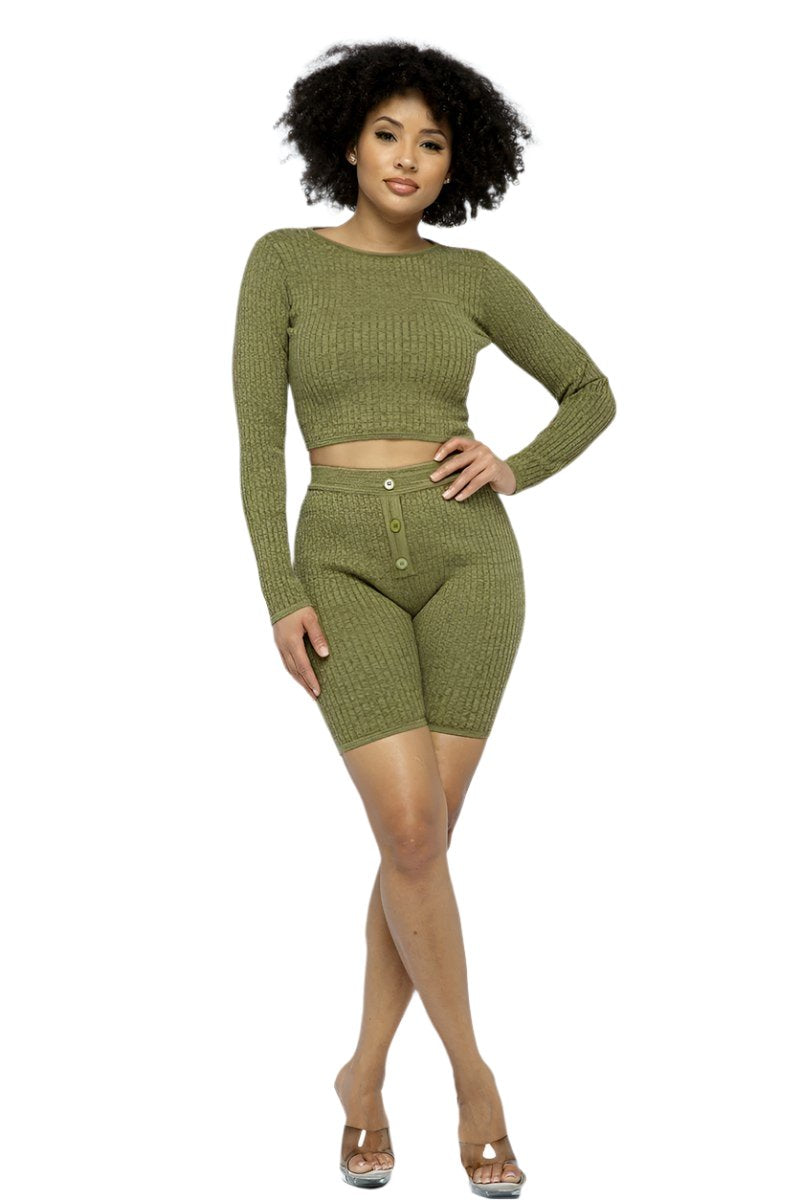 Women's ActivewearKnit Long Sleeve Cropped Top Knit High-waist Biker Shorts Set - VacationGrabs