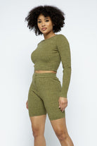 Women's ActivewearKnit Long Sleeve Cropped Top Knit High-waist Biker Shorts Set - VacationGrabs