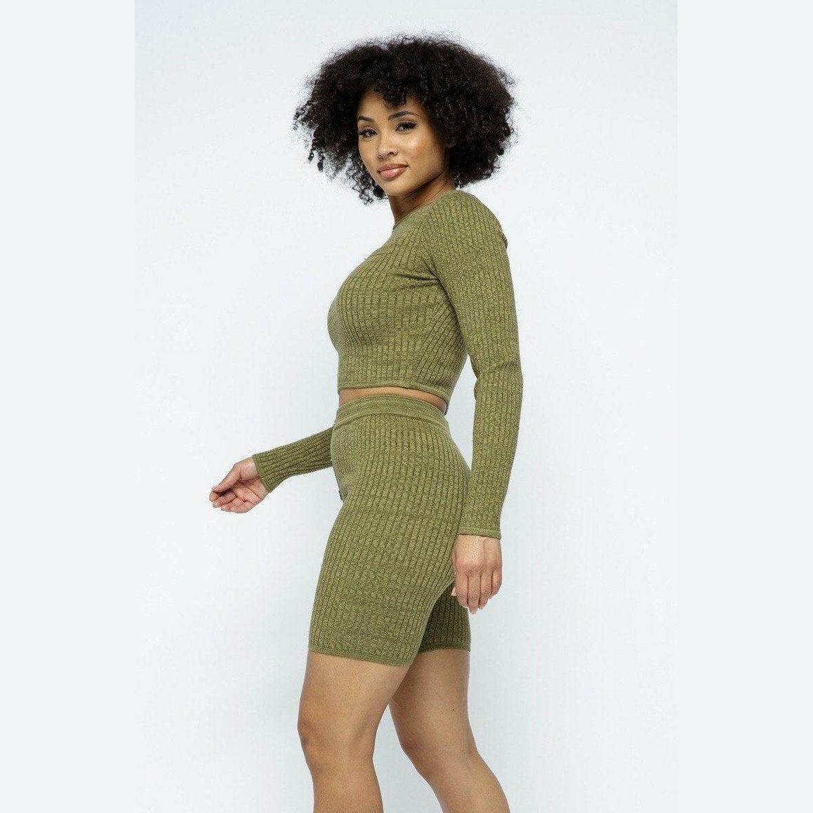 Knit LS Cropped Top Biker Shorts Set - VacationGrabs