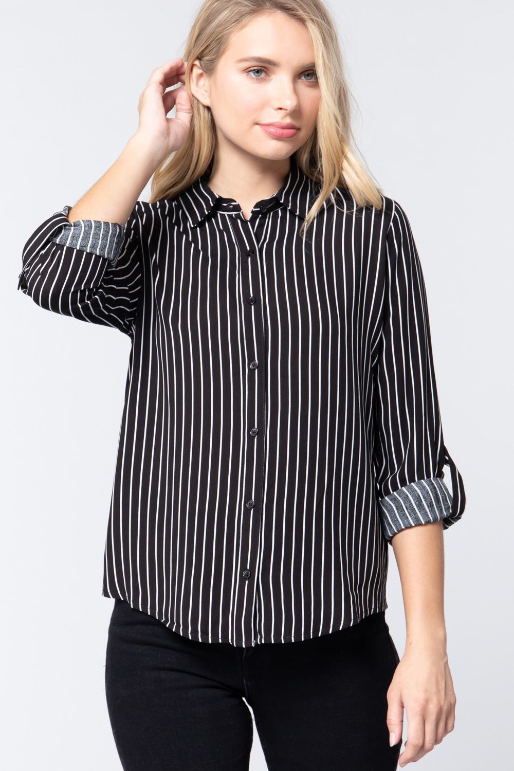 Women's Shirts3/4 Roll Up Slv Stripe Print Shirt - VacationGrabs