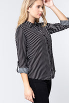 Women's Shirts3/4 Roll Up Slv Stripe Print Shirt - VacationGrabs