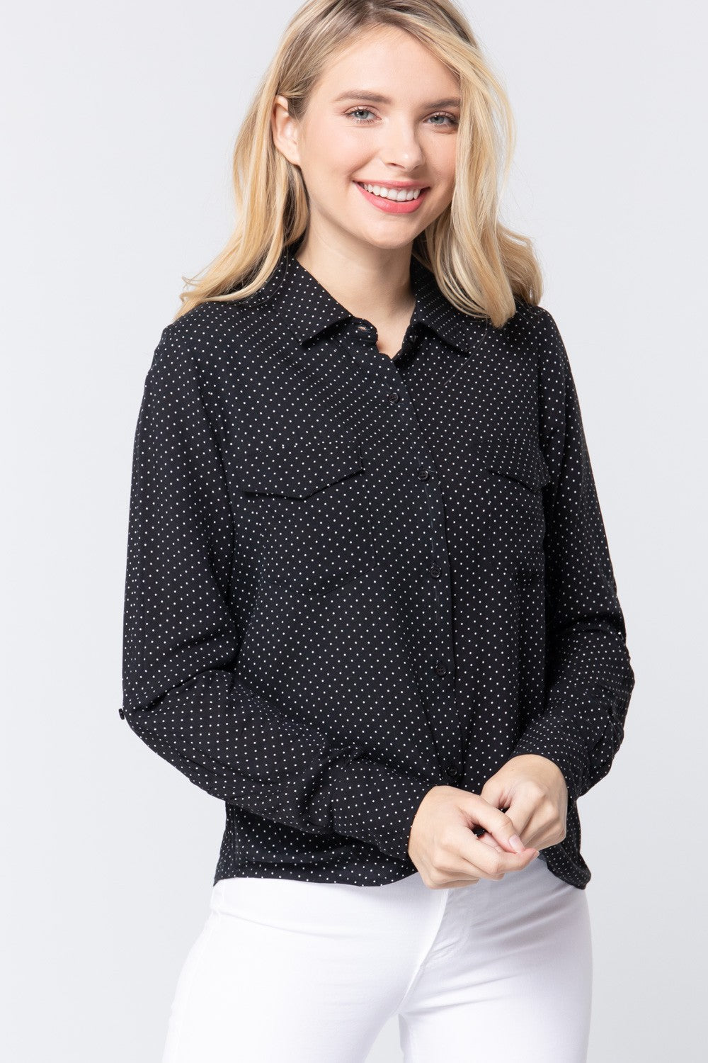 Women's Shirts3/4 Roll Up Slv Dot Print Shirt - VacationGrabs