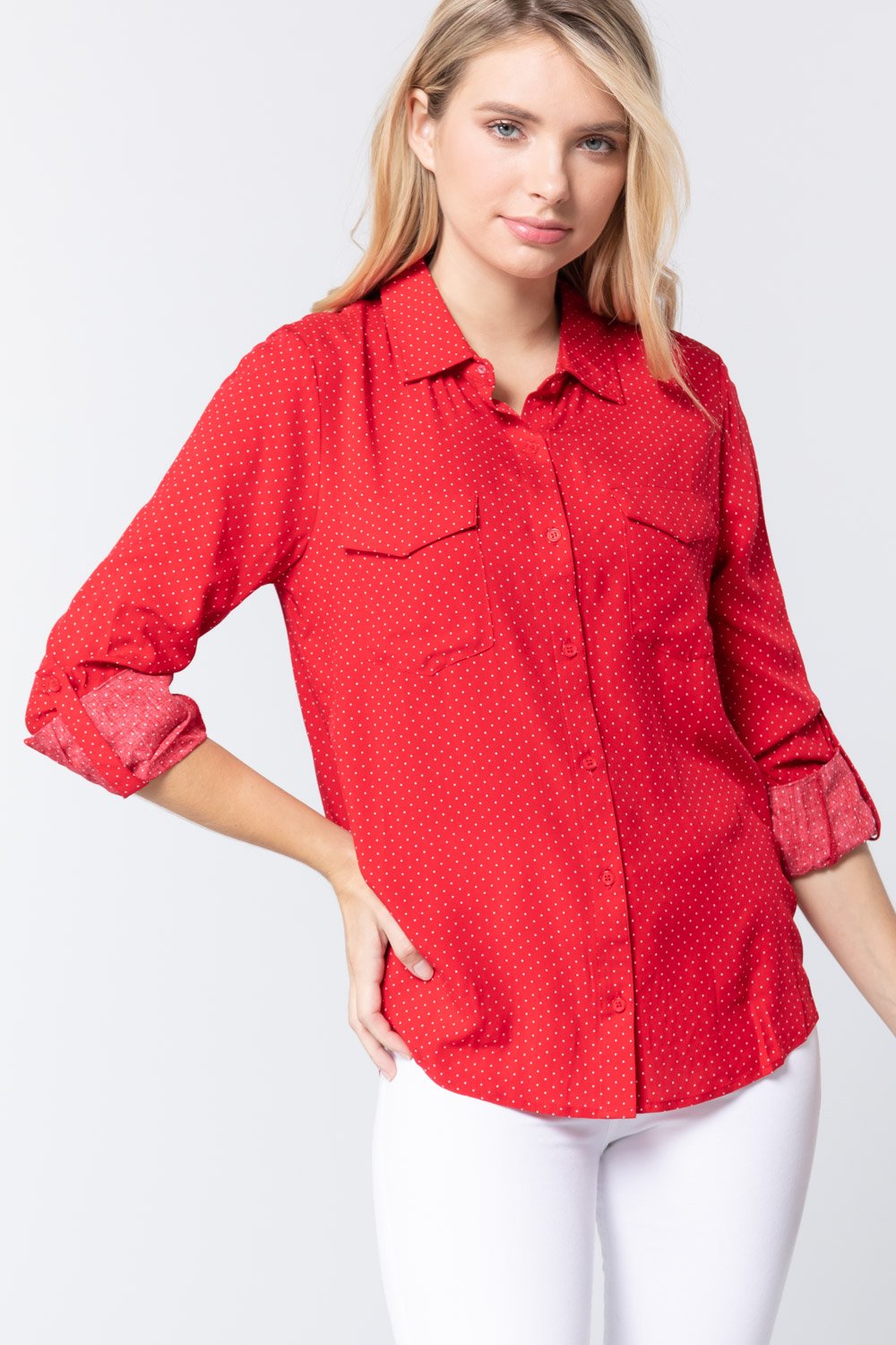 Women's ShirtsWomens Roll Up Slv Dot Print Shirt - VacationGrabs