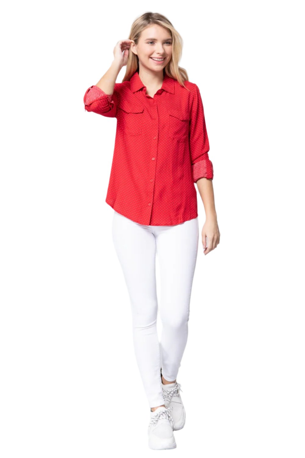 Women's ShirtsWomens Roll Up Slv Dot Print Shirt - VacationGrabs