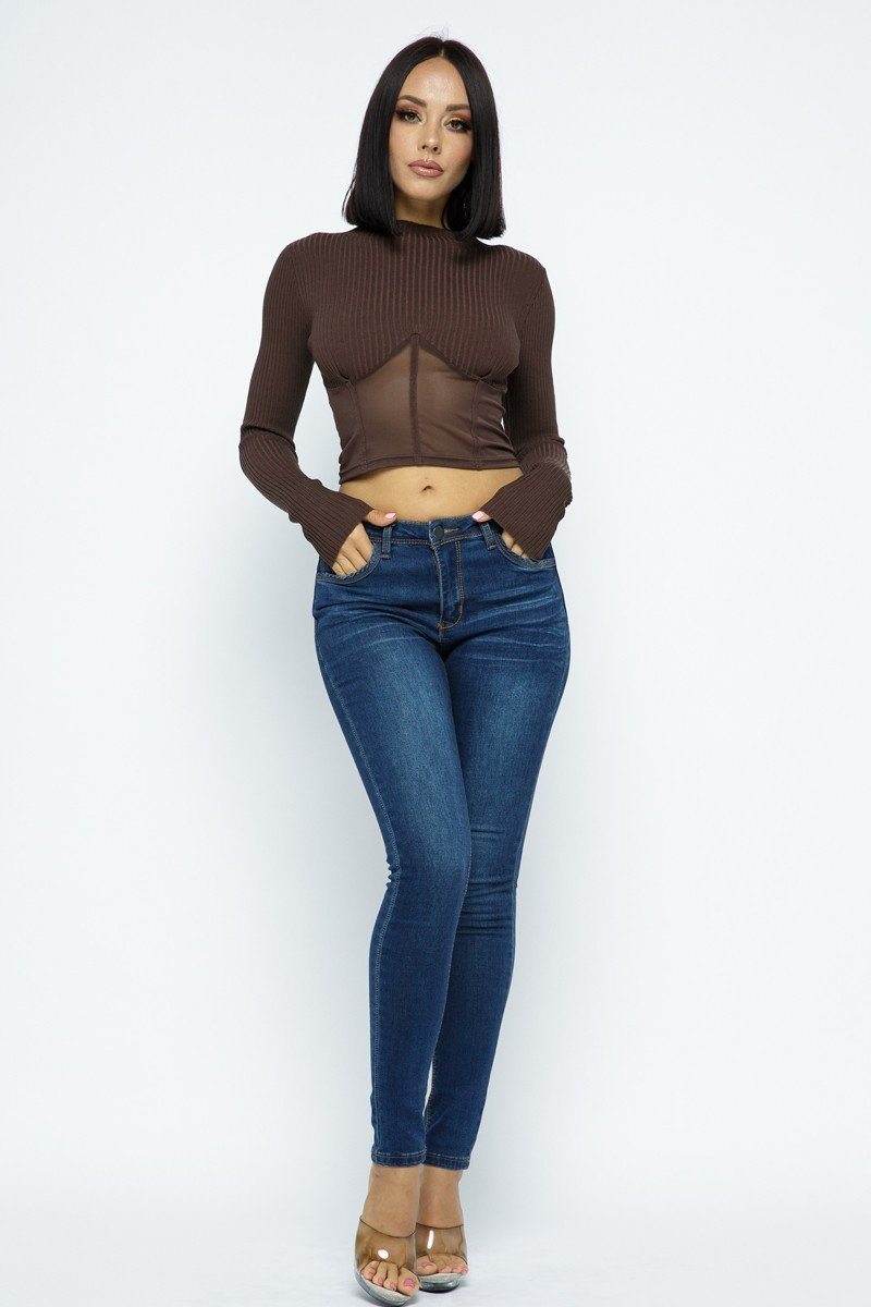 Knit Crop Top With Bottom Mesh - VacationGrabs