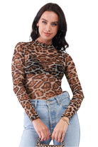 Women's Shirts - BodysuitsTaupe Brown Jaguar Print Sheer Mesh Mock Neck Long Sleeve Bodysuit - VacationGrabs