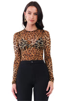 Women's Shirts - BodysuitsBrown Leopard Print Sheer Mesh Crew Neck Long Sleeve Bodysuit - VacationGrabs