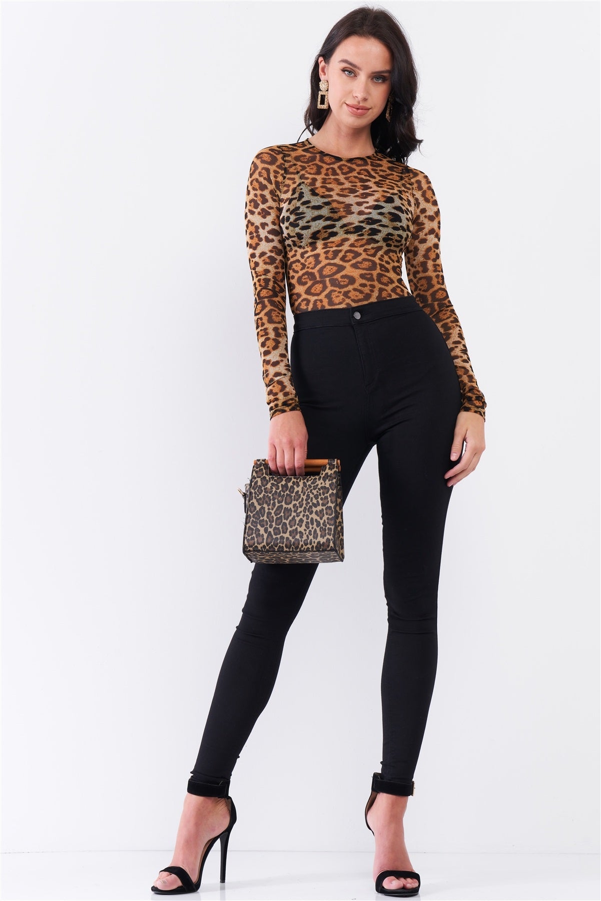 Women's Shirts - BodysuitsBrown Leopard Print Sheer Mesh Crew Neck Long Sleeve Bodysuit - VacationGrabs