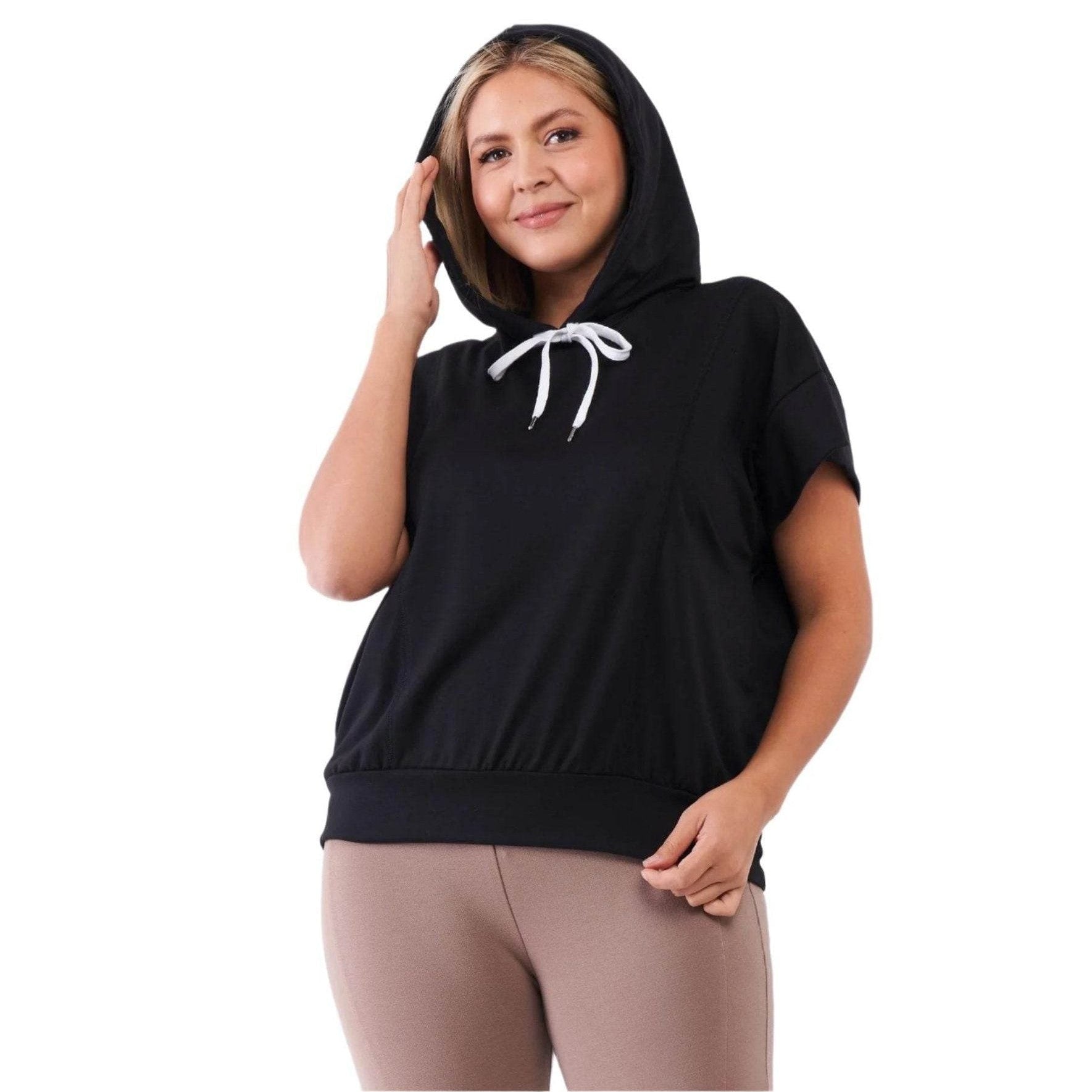 Black Short Wing Sleeve Draw String Tie Hood - VacationGrabs