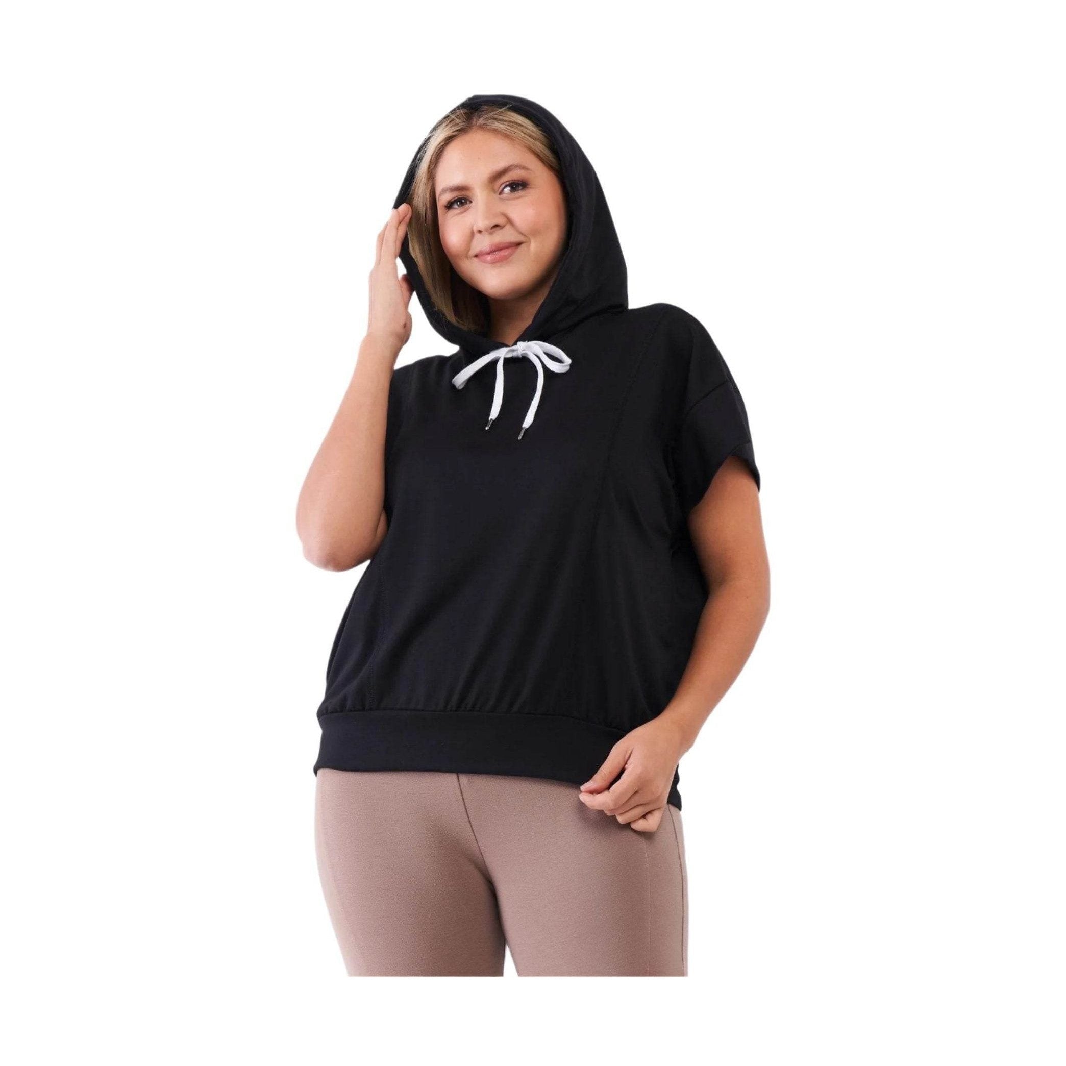 Black Short Wing Sleeve Draw String Tie Hood - VacationGrabs